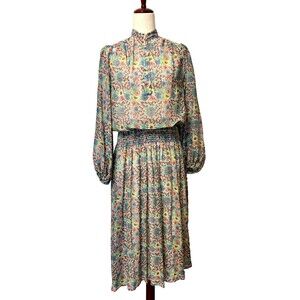 VTG Jonathan Logan Sz 11/12 Chiffon Dress Floral Cottagecore Prairie High Neck
